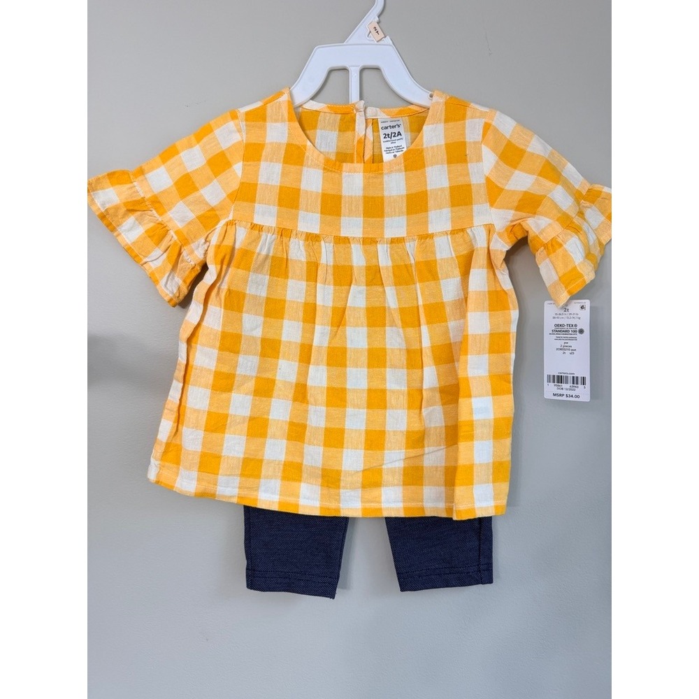 Carter's 2-Piece Outfit Set Toddler Girl 2T‎ Yellow Gingham Flutter Top NWT